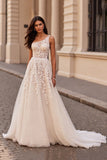 Ivory One Shoulder Chiffon Sweep Train Wedding Dress with Appliques