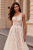 Ivory One Shoulder Chiffon Sweep Train Wedding Dress with Appliques