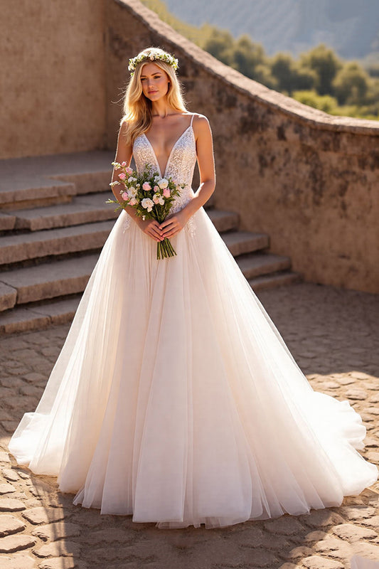 Tulle Ivory Spaghetti Straps A-Line Wedding Dress with Lace
