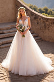 Tulle Ivory Spaghetti Straps A-Line Wedding Dress with Lace