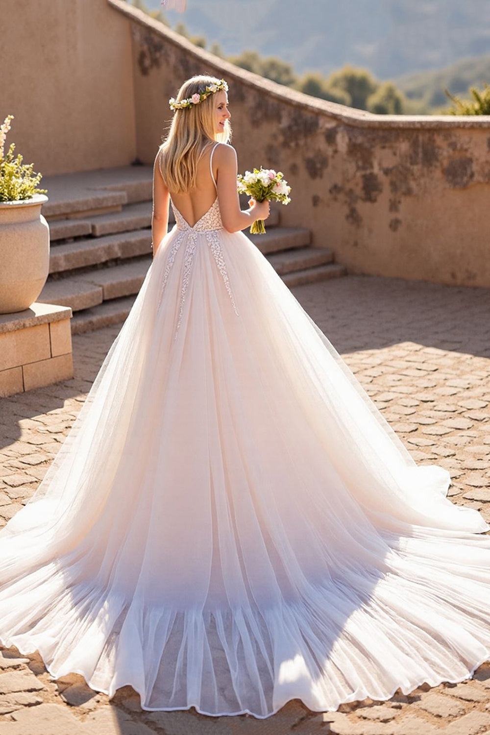 Tulle Ivory Spaghetti Straps A-Line Wedding Dress with Lace