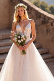 Tulle Ivory Spaghetti Straps A-Line Wedding Dress with Lace