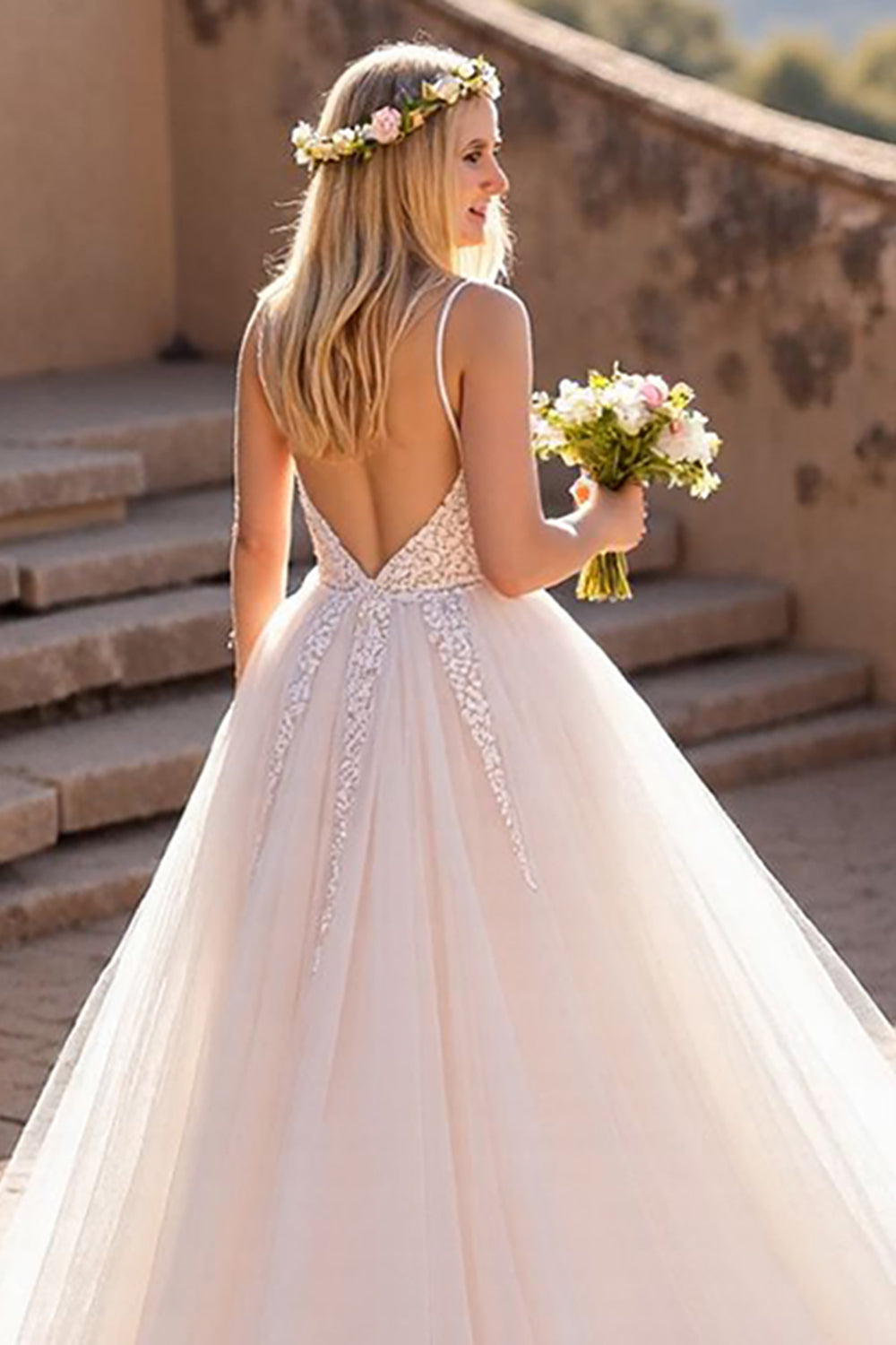 Tulle Ivory Spaghetti Straps A-Line Wedding Dress with Lace