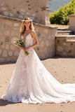 Deep V-Neck Floral Lace Ivory Sweep Train Wedding Dress