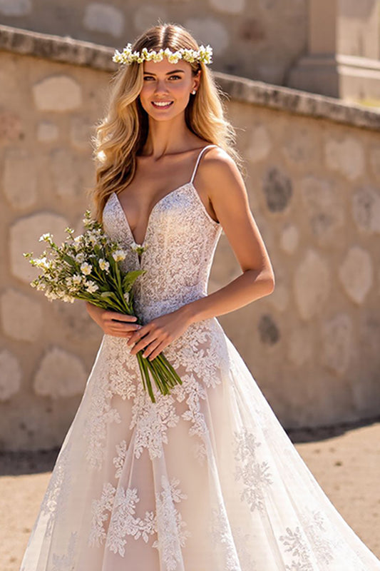 Deep V-Neck Floral Lace Ivory Sweep Train Wedding Dress