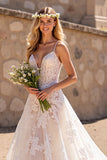 Deep V-Neck Floral Lace Ivory Sweep Train Wedding Dress