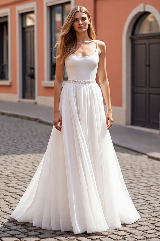 Sparkly Ivory Corset Chiffon Scoop Neck Boho Wedding Dress with Beading