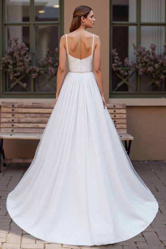 Sparkly Ivory Corset Chiffon Scoop Neck Boho Wedding Dress with Beading