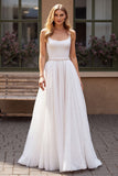 Sparkly Ivory Corset Chiffon Scoop Neck Boho Wedding Dress with Beading