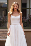 Sparkly Ivory Corset Chiffon Scoop Neck Boho Wedding Dress with Beading