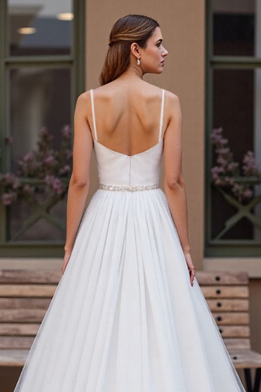 Sparkly Ivory Corset Chiffon Scoop Neck Boho Wedding Dress with Beading