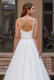 Sparkly Ivory Corset Chiffon Scoop Neck Boho Wedding Dress with Beading