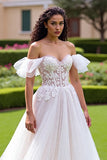 Tulle Ivory Ruffled Corset Ball Gown Wedding Dress with Lace