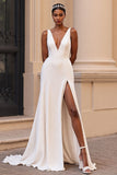 Simple Satin Ivory Sheath V-Neck Sweep Train Wedding Dress with Slit