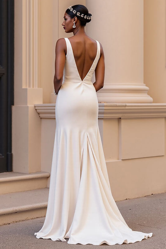 Simple Satin Ivory Sheath V-Neck Sweep Train Wedding Dress with Slit