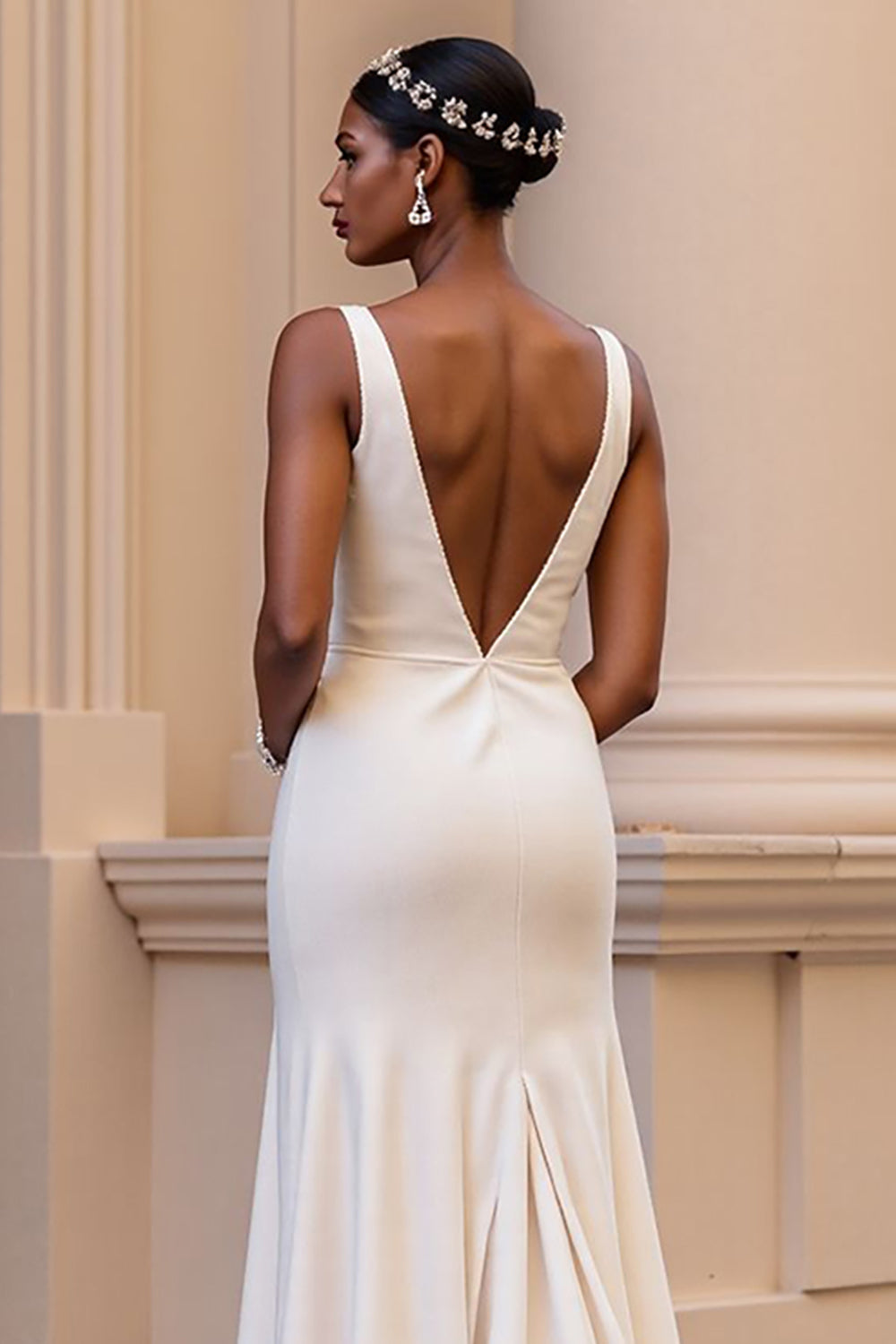 Simple Satin Ivory Sheath V-Neck Sweep Train Wedding Dress with Slit