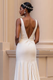 Simple Satin Ivory Sheath V-Neck Sweep Train Wedding Dress with Slit