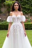 Tulle Corset Puff Sleeves Ivory Sweep Train Wedding Dress with Appliques