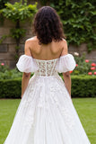 Tulle Corset Puff Sleeves Ivory Sweep Train Wedding Dress with Appliques