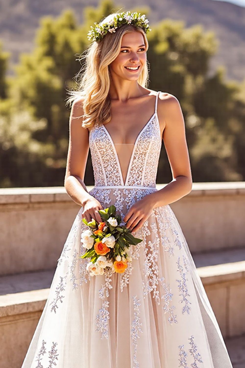 Corset Deep V-Neck Ivory Backless Wedding Dress with Appliques