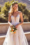 Corset Deep V-Neck Ivory Backless Wedding Dress with Appliques