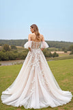 Apricot Tulle Ruffled Ball Gown Sweep Train Wedding Dress with Appliques