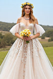 Apricot Tulle Ruffled Ball Gown Sweep Train Wedding Dress with Appliques