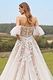 Apricot Tulle Ruffled Ball Gown Sweep Train Wedding Dress with Appliques