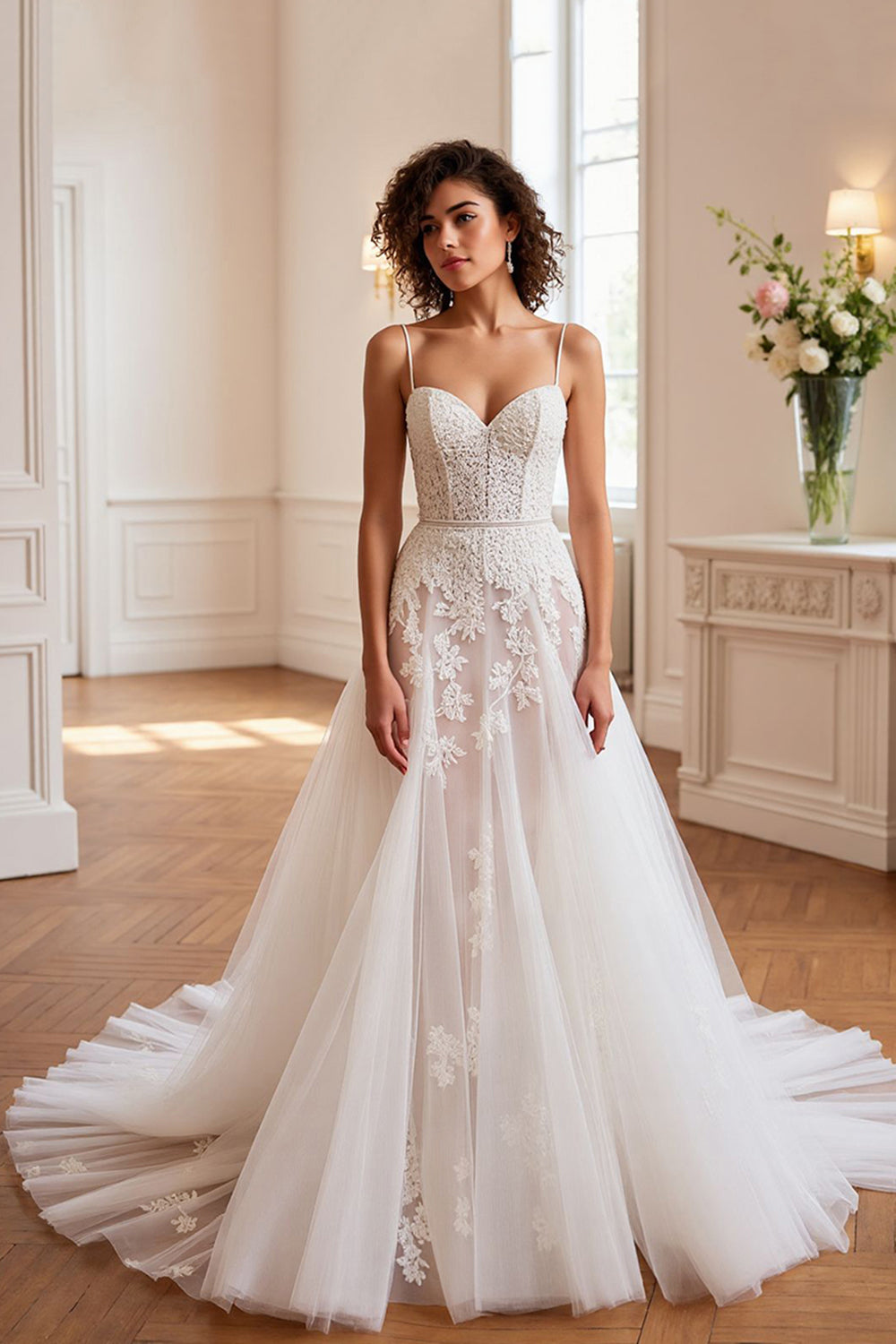 Ivory Tulle A Line Sweep Train Wedding Dress with Appliques