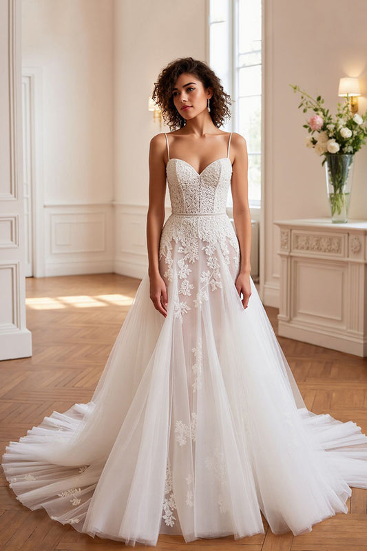 Ivory Tulle A Line Sweep Train Wedding Dress with Appliques