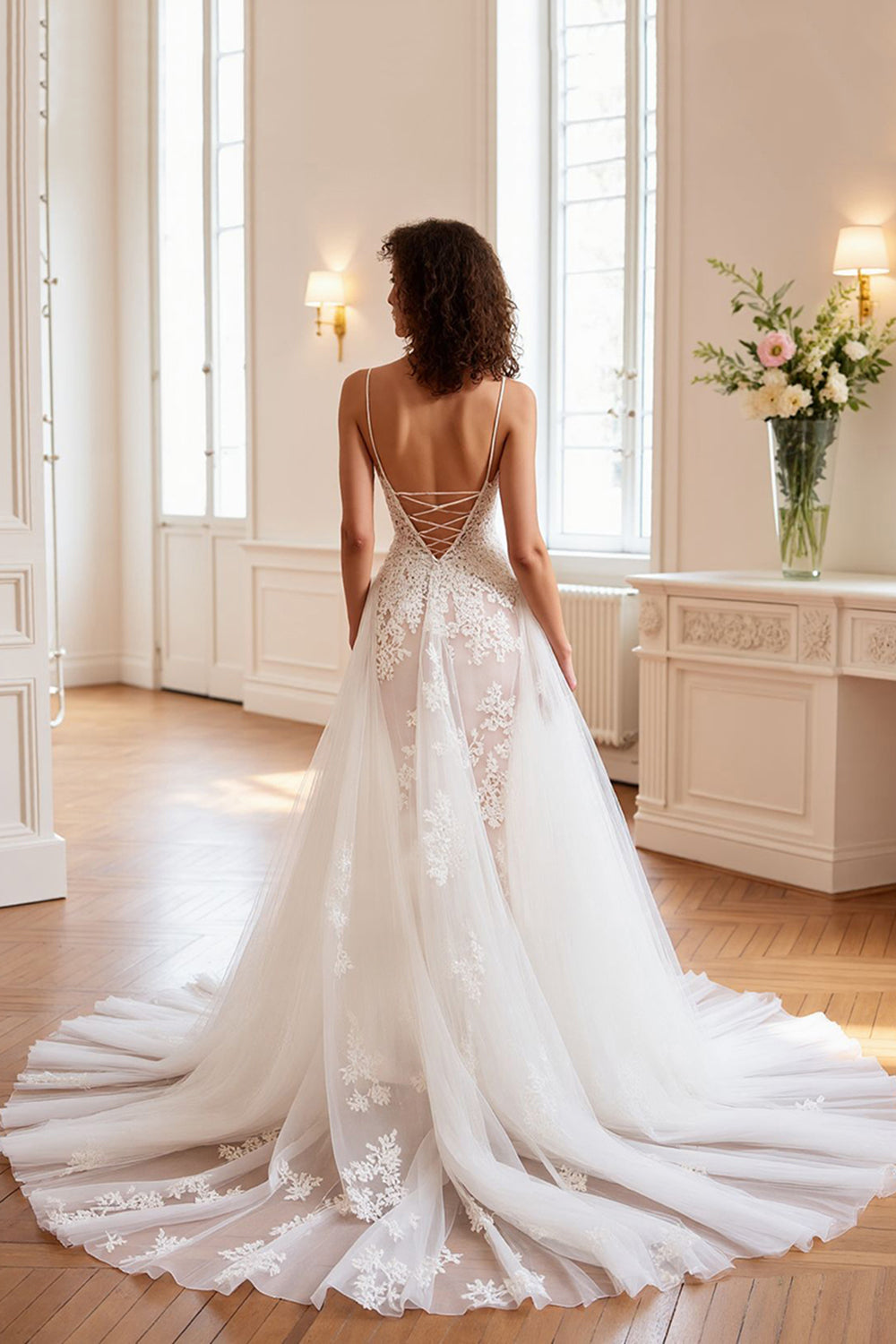 Ivory Tulle A Line Sweep Train Wedding Dress with Appliques