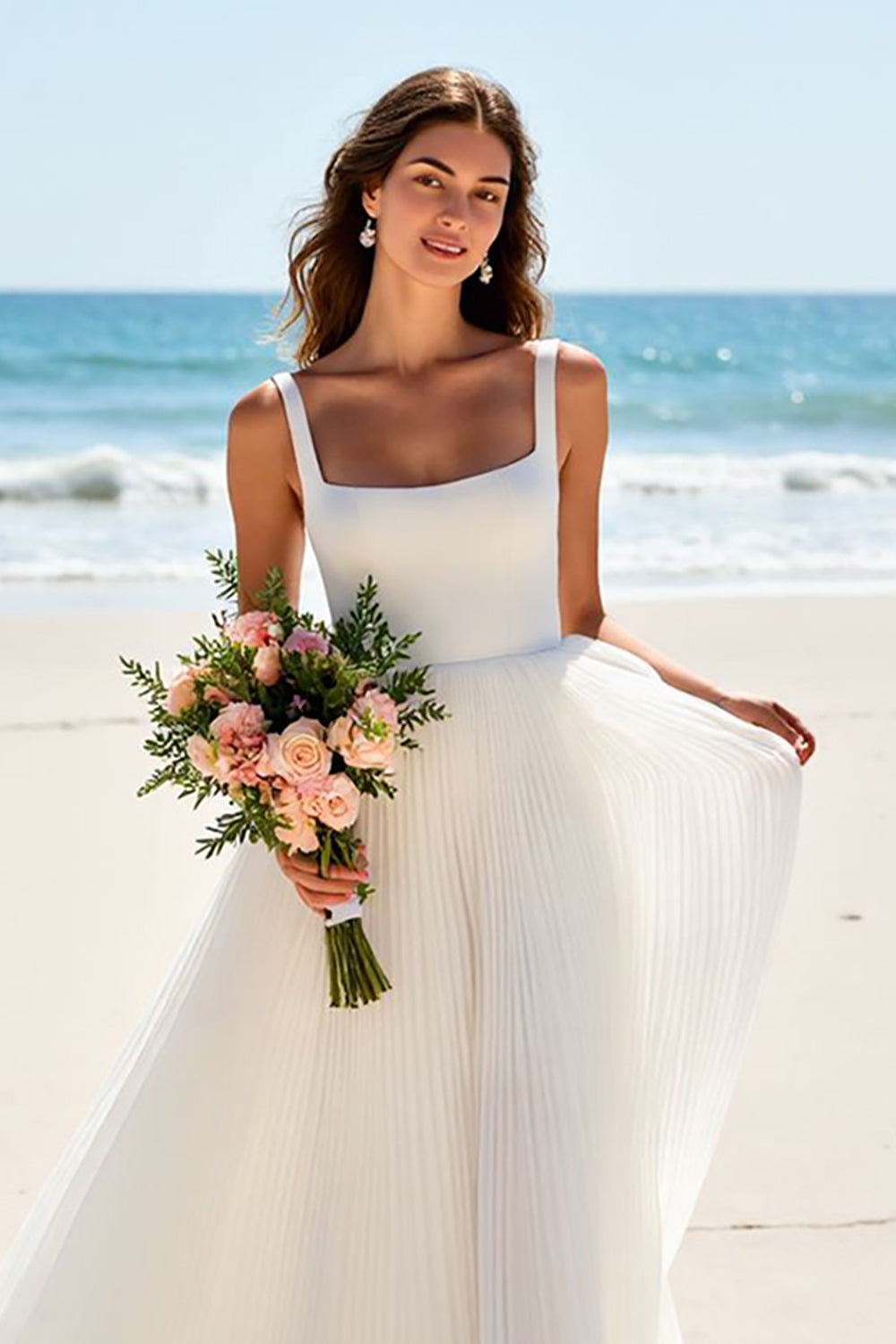 Ivory Chiffon Scoop Neck A Line Sweep Train Wedding Dress