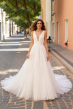 Ivory Tulle Deep V-Neck A Line Sweep Train Wedding Dress