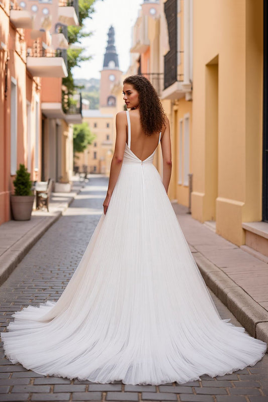 Ivory Tulle Deep V-Neck A Line Sweep Train Wedding Dress