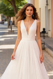 Ivory Tulle Deep V-Neck A Line Sweep Train Wedding Dress