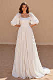 Ivory A Line Chiffon Sweep Train Wedding Dress with Puff Sleeves