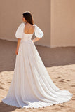 Ivory A Line Chiffon Sweep Train Wedding Dress with Puff Sleeves