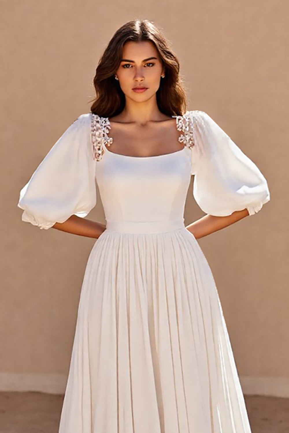 Ivory A Line Chiffon Sweep Train Wedding Dress with Puff Sleeves