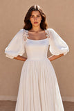Ivory A Line Chiffon Sweep Train Wedding Dress with Puff Sleeves