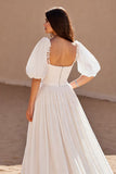 Ivory A Line Chiffon Sweep Train Wedding Dress with Puff Sleeves