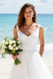 Ivory A Line Tulle V-Neck Backless Sweep Train Wedding Dress