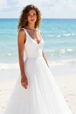 Ivory A Line Tulle V-Neck Backless Sweep Train Wedding Dress