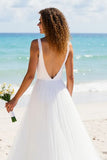 Ivory A Line Tulle V-Neck Backless Sweep Train Wedding Dress