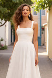 Ivory A Line Tulle Square Neck Sweep Train Wedding Dress