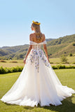 Ivory Corset Tulle Off the Shoulder Sweep Train Floral Wedding Dress
