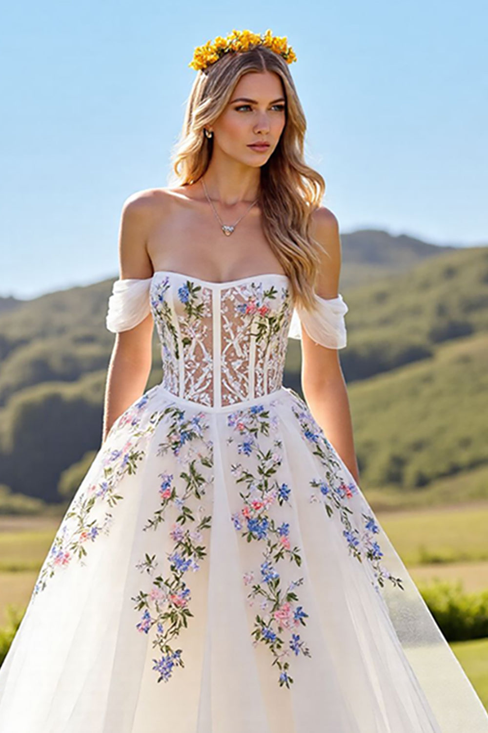 Ivory Corset Tulle Off the Shoulder Sweep Train Floral Wedding Dress