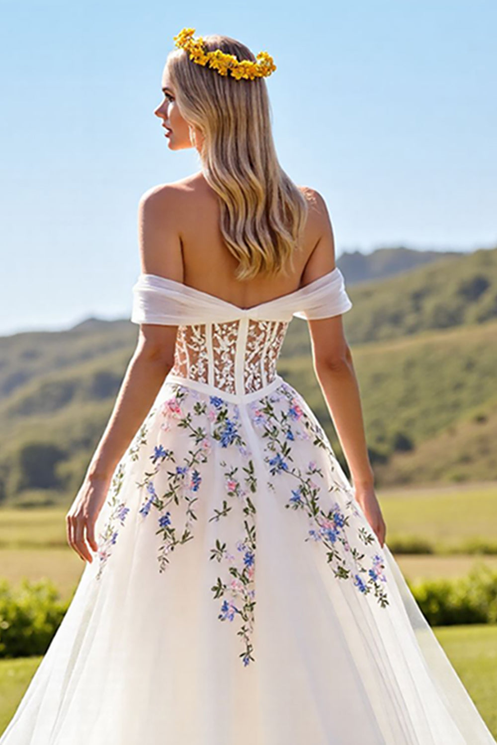 Ivory Corset Tulle Off the Shoulder Sweep Train Floral Wedding Dress