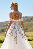 Ivory Corset Tulle Off the Shoulder Sweep Train Floral Wedding Dress