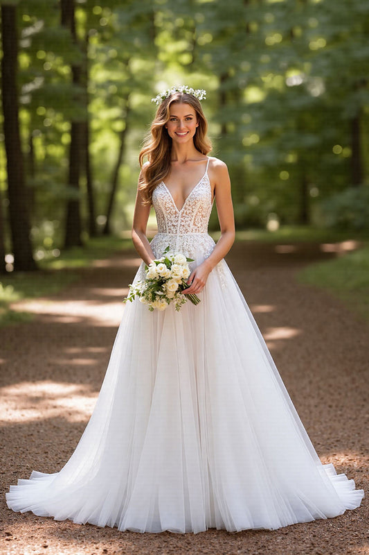 Ivory Tulle A Line Corset Sweep Train V-Neck Wedding Dress with Lace