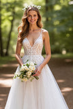 Ivory Tulle A Line Corset Sweep Train V-Neck Wedding Dress with Lace